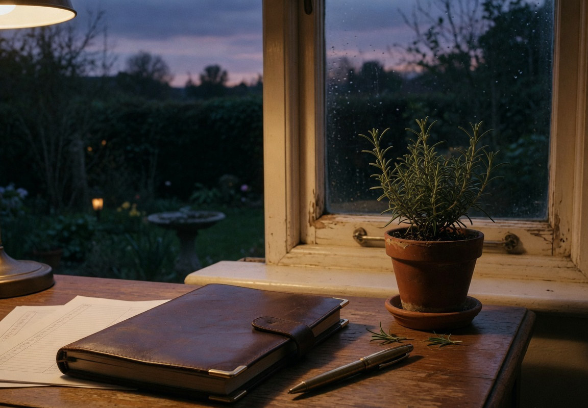 Leather notebook and rosemary plant on a desk at dusk