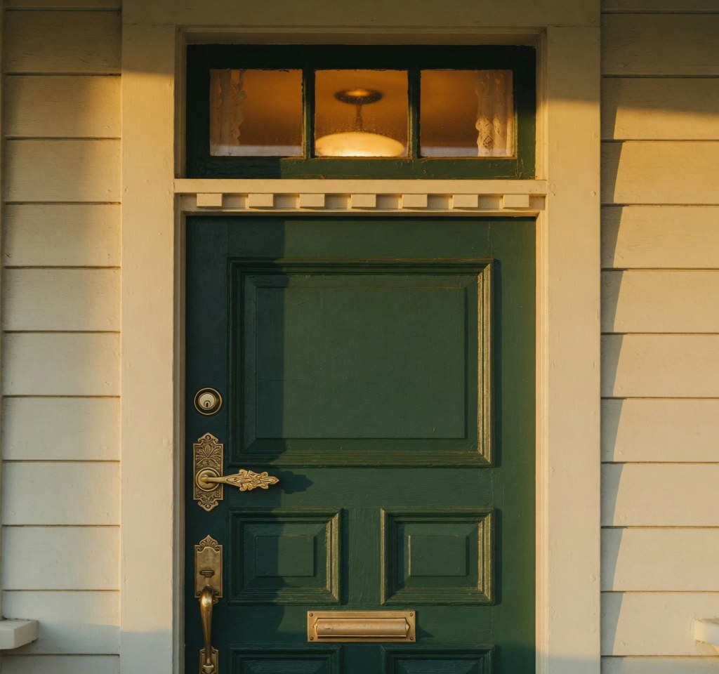 Forest-green craftsman front door with brass hardware in late sun