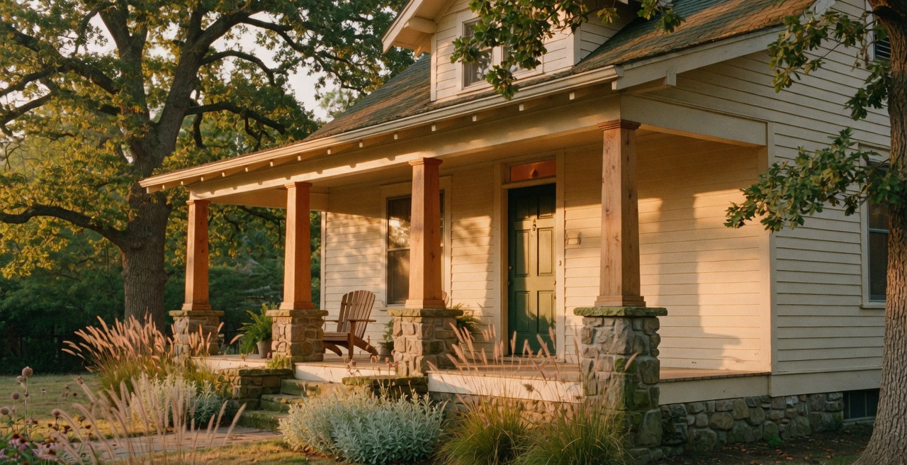 Craftsman bungalow with a wide porch and forest-green door at golden hour