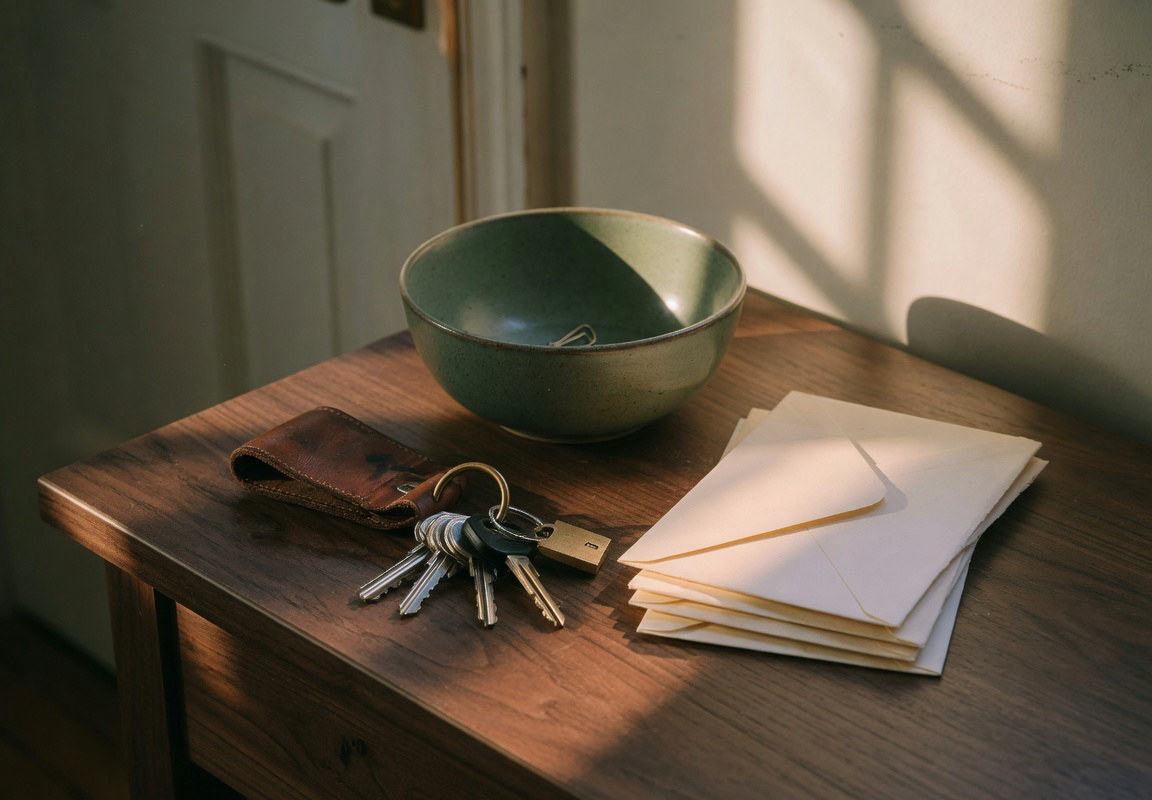 House keys and envelopes on a walnut entry table