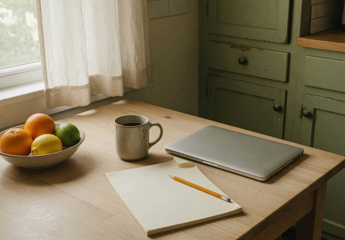 Kitchen table with coffee, a closed laptop, and a blank notepad in morning light
