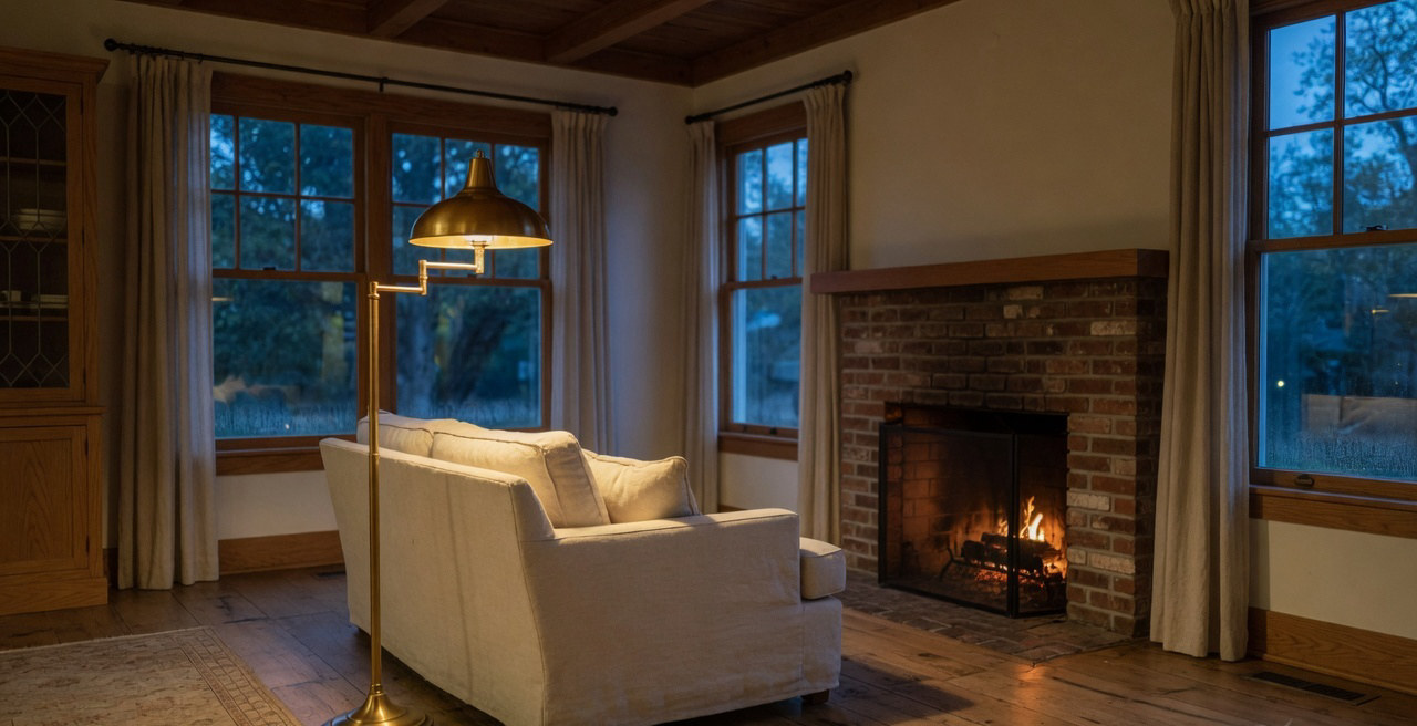 Evening living room with a linen sofa, brass lamp, and a fire in a brick fireplace