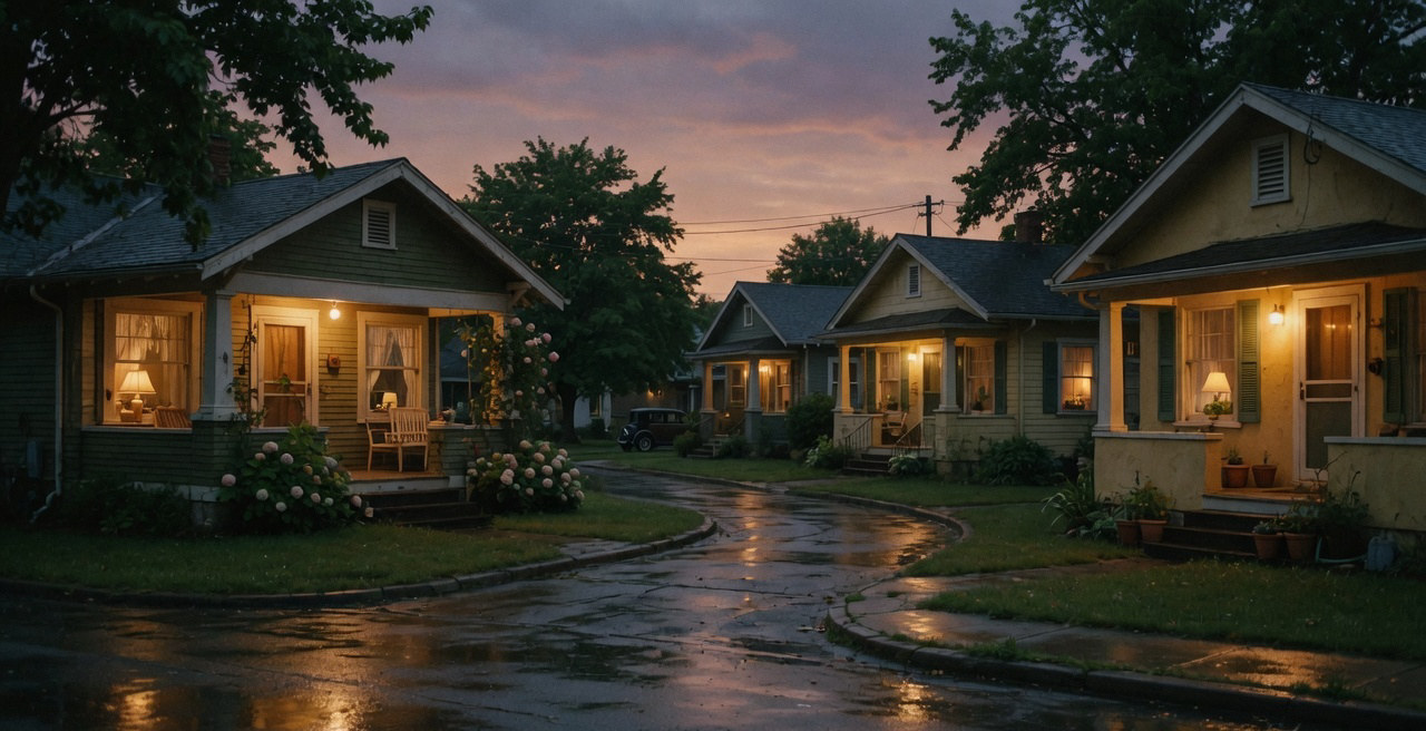 Quiet bungalow street at dusk after rain